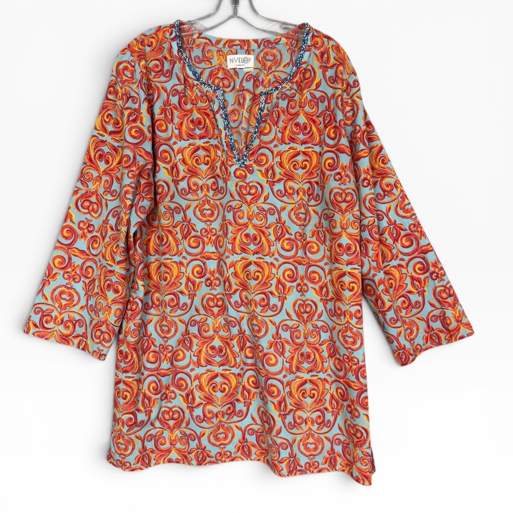 Nvelop Tunic Women XL Blue Orange UV Protection Beaded Split Neck Cotton Coverup